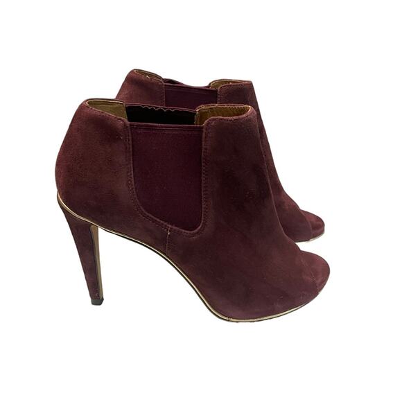 Coach Burgundy Suede Peep Toe Booties Size 7B Elastic Gore -‎ Chic Pull-On Style - Picture 2 of 9